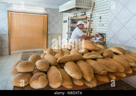 Frisch gebackene Brote in der Bäckerei im Dorf und administrativen Zentrum von Karyes auf der Halbinsel Athos, Mazedonien, Nordgriechenland Stockfoto