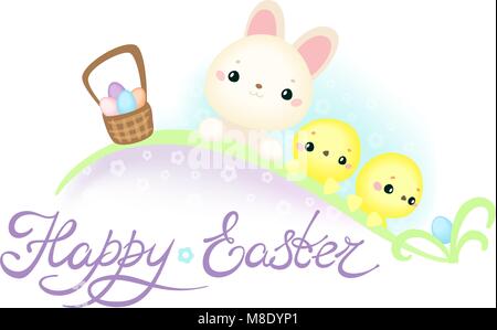 Ostern Grußkarte mit niedlichen Osterhasen und Hühner auf dem Ostereiersuche Stock Vektor