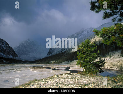 Aktru Tal im Frühling, Altai Berge, Schnee, Wolken Stockfoto