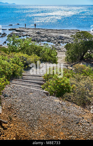 Weg zum Meer mit Stufen aus kleinen Kieselsteinen und Holz zwischen den Büschen Stockfoto