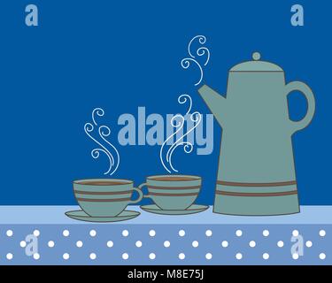Ein Vektor Abbildung im EPS 10 Format einer Kaffeekanne und Cups in Blautönen mit Polka Dot Vintage Tischdecke und Platz für Text Stock Vektor