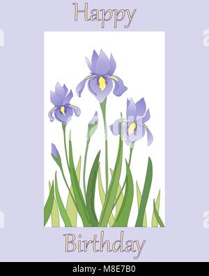 Ein Vektor Abbildung im EPS 10 Format einer Geburtstagskarte mit Iris Blume Design auf einem lila Hintergrund und den Worten alles Gute zum Geburtstag Stock Vektor