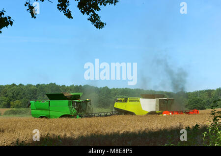 Zwei landwirtschaftlichen Maschinen arbeiten im Bereich, landwirtschaftliche Flächen, Ain Erntemaschinen im Bereich betreiben, Stockfoto