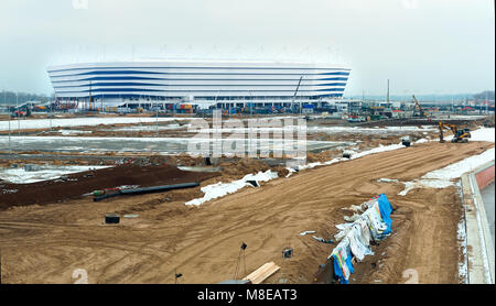 Sportstätte, Sport Bau, Fußball Stadion winter schnee, Russland, Kaliningrad, Februar 2018, World Cup Stockfoto