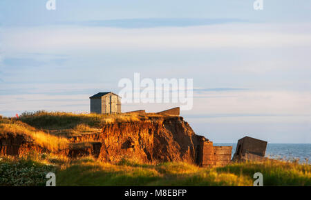 Die Erosion der Küsten verschmähen Head East Yorkshire, die einen Garten an der Spitze der Klippen und ein WW2 konkrete Suche pillbox stürzt die Klippe vergossen Stockfoto