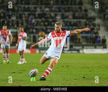 16. März 2018, total Gottlosen Stadion, St. Helens, Merseyside, England; Betfred Super League Rugby, Runde 6, St Helens gegen Leeds Rhinos; Danny Richardson von St Helens tritt ein Ziel Stockfoto