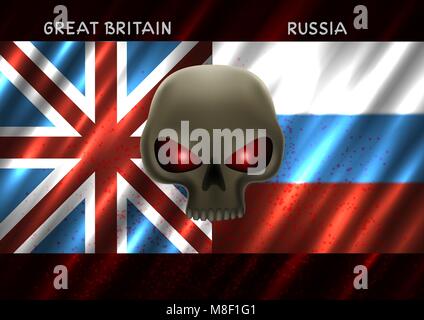 Großbritannien und Russland Konflikte. Zwei quadratischen Flaggen und Totenkopf mit roten Augen auf dunklem Hintergrund. Kalter Krieg Abbildung Stock Vektor