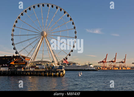 WASHINGTON - Blick auf Seattle Waterfront vom Aquarium einschließlich der großen Rad, ein cross-sound Fähre und Krane für Be- und Entladen von Schiffen. Stockfoto