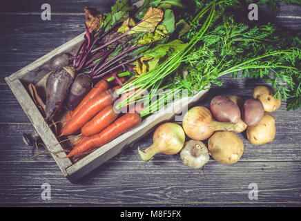 Herbst Ernte. Frische Karotten, Rüben, Zwiebeln, Knoblauch und Kartoffeln auf einem hölzernen Hintergrund. Bauer Produkte. Stockfoto