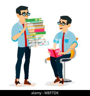Mann im Buch Club Vektor. Die großen Stapel Bücher. Studium Student. Bibliothek, Akademischen, Schule, Universität Konzept. Isolierte flache Cartoon Illustration Stock Vektor