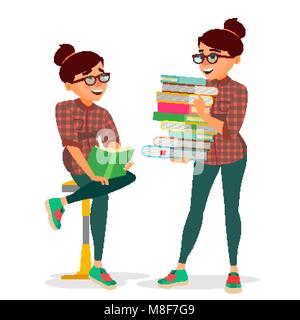 Frau In Book Club Vektor. Die großen Stapel Bücher. Studium Student. Bibliothek, Akademischen, Schule, Universität Konzept. Isolierte flache Cartoon Illustration Stock Vektor