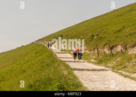 Der South West Coast Path führt von Lulworth Cove an der Küste von Dorset, Großbritannien. Stockfoto