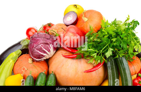 Große Sammlung von nützlichen Gemüse und Früchte auf weißem Hintergrund. Stockfoto