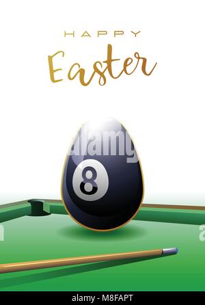 Frohe Ostern. Sport Grußkarte. Eine realistische Easter Egg in Form einer Billardkugel. Billard und Billard cue. Vector Illustration. Stock Vektor