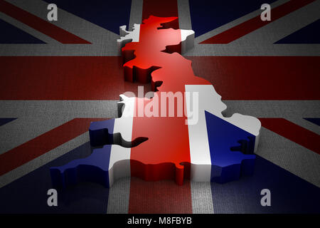 Volumetrische Karte von Großbritannien auf die Flagge. 3D-Rendering. Stockfoto