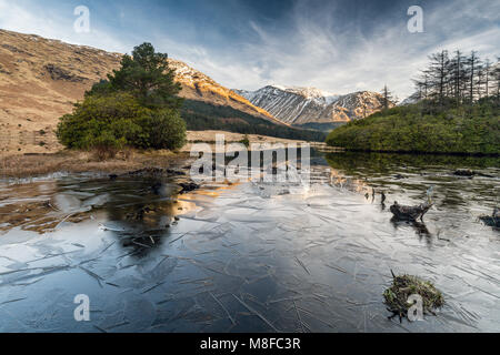 Reflexionen an Lochan Urr an einem klaren kalten sonnigen Frühlingstag, Glen Etive, Scottish Highlands, Großbritannien, Schottland Stockfoto