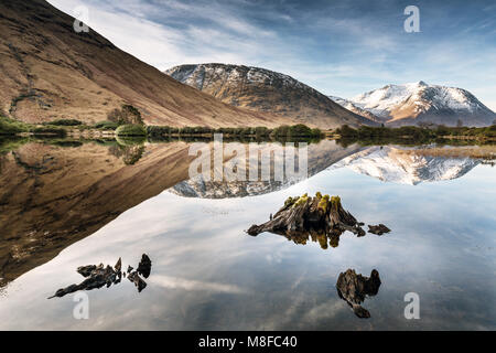 Reflexionen an Lochan Urr an einem klaren kalten sonnigen Frühlingstag, Glen Etive, Scottish Highlands, Großbritannien, Schottland Stockfoto