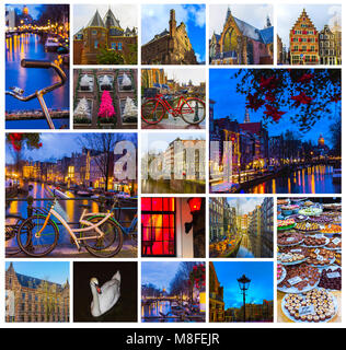 Die Collage aus Blick auf die Grachten und Brücken mit typisch holländische Häuser, Boote und Fahrräder. Stockfoto