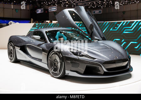 Genf, Schweiz - 7. MÄRZ 2018: Rimac C Zwei elektrische hypercar auf dem 88. Internationalen Automobilsalon in Genf präsentiert. Stockfoto