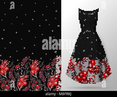 Nahtlose handgezeichnete florales Muster mit vielen Pflanzen und Blumen. Vektor nahtlose Muster auf Sommer Kleid Mock up. Rot auf Schwarz. Stock Vektor