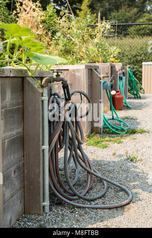 Bewässerung Stationen an einer gemeinschaftlichen Garten. Stockfoto