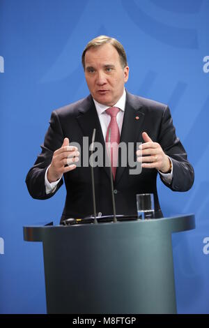 Berlin, Deutschland. 16 Mär, 2018. Das Foto zeigt der schwedische Ministerpräsident auf der Pressekonferenz im Bundeskanzleramt in Berlin. Quelle: Simone Kuhlmey/Pacific Press/Alamy leben Nachrichten Stockfoto