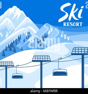 Winter Skigebiet Abbildung. Schöne Landschaft mit Seil, schneebedeckte Berge und Fichtenwald Stock Vektor
