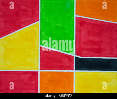 Hand bemalte Quadrate Muster in Rot, Orange, Grün und Schwarz Stockfoto