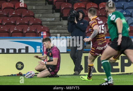 15. März 2018, John Smiths Stadion, Huddersfield, England; Betfred Super League Rugby, Huddersfield Riesen versus Rumpf KR; Rumpf Kr Ryan Shaw scori Stockfoto
