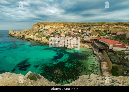 Berühmte Popeye Village in Anchor Bay, Malta. Stockfoto