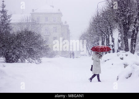 Einen schönen winter schnee Szene mit einer Frau mit einem roten Regenschirm wie der Schnee an den Bäumen. Stockfoto