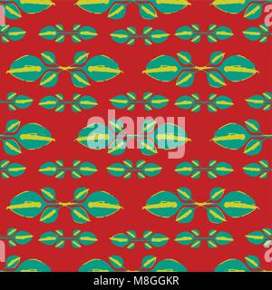 Digitale Kunst im tropischen Stil Natur stilisierte florale Motiv nahtlose Muster in Grün und Gelb gegen Rot Stock Vektor