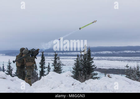 Marines mit niedriger Höhe Air Defence Battalion, Alpha. Akku, 2. Marine Flugzeugflügel, Feuer ein FIM-92 Stinger Raketen während der Übung Arctic Edge 18, am Fort Greely, Alaska, 15. März 2018. Arctic Edge18 ist eine Biennale, groß angelegte, gemeinsame - Training, Vorbereitung und Tests, die Fähigkeit des US-Militärs taktisch in der extremen Kälte - Wetter in arktischen Umgebungen mit mehr als 1500 Teilnehmern aus der Luftwaffe, Heer, Küstenwache, Marine Corps, Navy die Nutzung der einzigartigen und weit in der Luft und am Boden Ausbildung Bereiche in Alaska gefunden zu betreiben. (U.S. Marine Corps Foto von Stockfoto