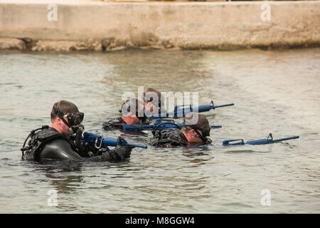 Die SOUDA BUCHT, Griechenland (7. März 2018) Marines mit maritimen Raid-Kraft (MRF), 26 Marine Expeditionary Unit (MEU), Oberfläche aus dem Wasser während der Tauchausbildung in der Marinebasis Souda Bay, Griechenland, 7. März 2018. Die MRF durchgeführt, um die Ausbildung an der NATO Maritime Verbot Operations Training Center (NMIOTC) tauchen Kenntnisse zu erhalten. (U.S. Marine Corps Foto von Cpl. Jered T. Stein/Freigegeben) Stockfoto