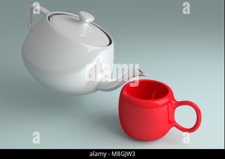 Rot Tasse und Kännchen auf weißem Hintergrund eingestellt. 3D-Rendering Stockfoto
