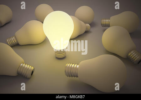 Führung und Team Konzept mit Glühlampen. 3D-Rendering Stockfoto