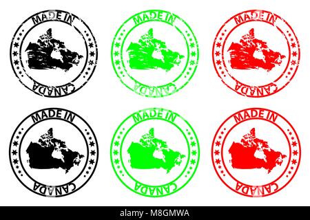 Hergestellt in Kanada - Stempel - Vektor, Kanada Karte Muster - Schwarz, Grün und Rot Stock Vektor