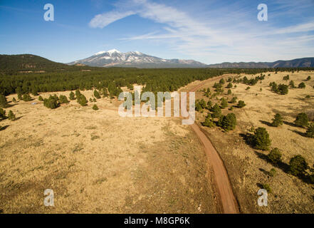 Luftaufnahme Schotterstraße durch das Arizona NF in Richtung der Berg rief Humphrey's Peak Stockfoto