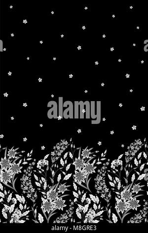 Hand gezeichnet Vektor nahtlose Grenze von wilden Blumen, Kräuter und Beeren. Dünne feine Linien unterschiedlicher Pflanzen - Hirten Geldbeutel, Klee, Dill, Minze, Kamille. Pflanzliche grafische Darstellung oder Hintergrund Stock Vektor