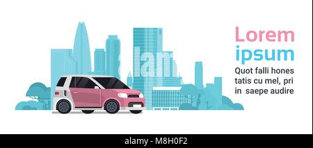 Neue Hybrid Auto über die Silhouette der Stadt mit Kopie Raum Stock Vektor