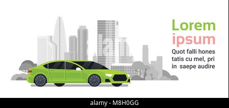 Neues Auto über Silhouette Stadt Gebäude Hintergrund mit Kopie Raum Stock Vektor