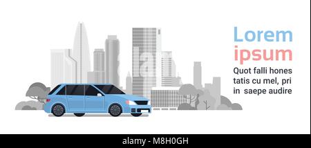 Neue Auto über Silhouette Stadt Gebäude Hintergrund mit Kopie Raum Stock Vektor
