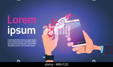 Hand mit positiven Prenancy Test mit roter Schleife und Smart Phone über Vorlage Hintergrund Stock Vektor