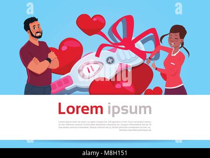 Frau, Mann Positiv Prenancy Test mit roter Schleife über Vorlage Hintergrund mit Herzen Formen Stock Vektor