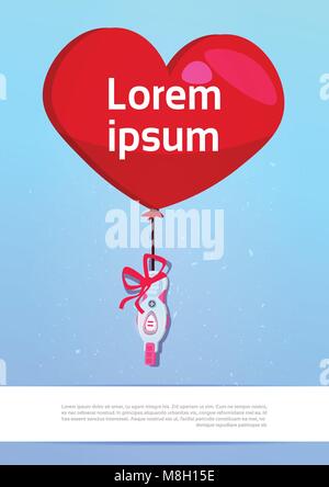 Positive Prenancy Test Fliegen mit Herz Formen Ballon über Hintergrund mit Kopie Raum Stock Vektor