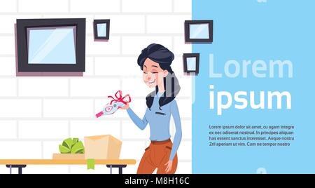 Frau mit positiven Prenancy Test mit roter Schleife über Hintergrund mit Kopie Raum Stock Vektor