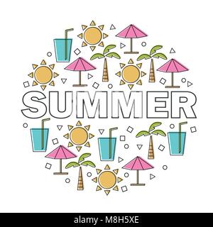 Vektor Sommer Schriftzug mit linearen Symbole und Zeichen Reisen und Ferien Konzept Stock Vektor