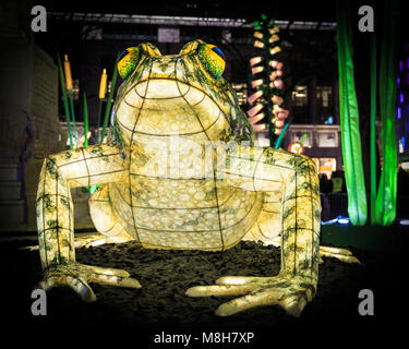 London, UK, 19. Januar 2018. Frösche in der Stadt. Leicester Square Gardens erhält beschäftigt wie Lumiere Lights Festival Köpfe in das Wochenende und Leute Schlangen Stockfoto