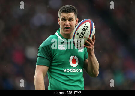 Irlands Johnny Sexton während der NatWest 6 Nations Spiel im Twickenham Stadium, London. PRESS ASSOCIATION Foto. Bild Datum: Samstag, März 17, 2018. Siehe PA Geschichte RUGBYU England. Photo Credit: Paul Harding/PA-Kabel. Beschränkungen: Nur die redaktionelle Nutzung, keine kommerzielle Nutzung ohne vorherige Zustimmung. Stockfoto