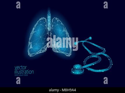 Medizin Stethoskop Low Poly Lunge Gesundheit Welttuberkulosetag. Polygonale 3D-Modell der medizinischen Asthma Wissenschaft Forschung Arzt Krankenschwester Ausrüstung Vector Illustration Stock Vektor